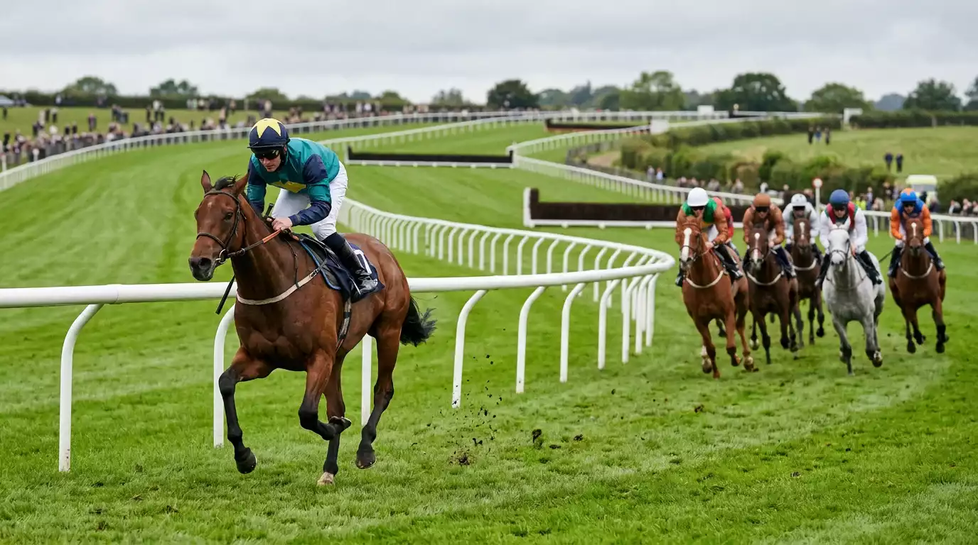 A single thoroughbred racehorse leading the rest of the field by a clear margin around the home bend of a UK turf course