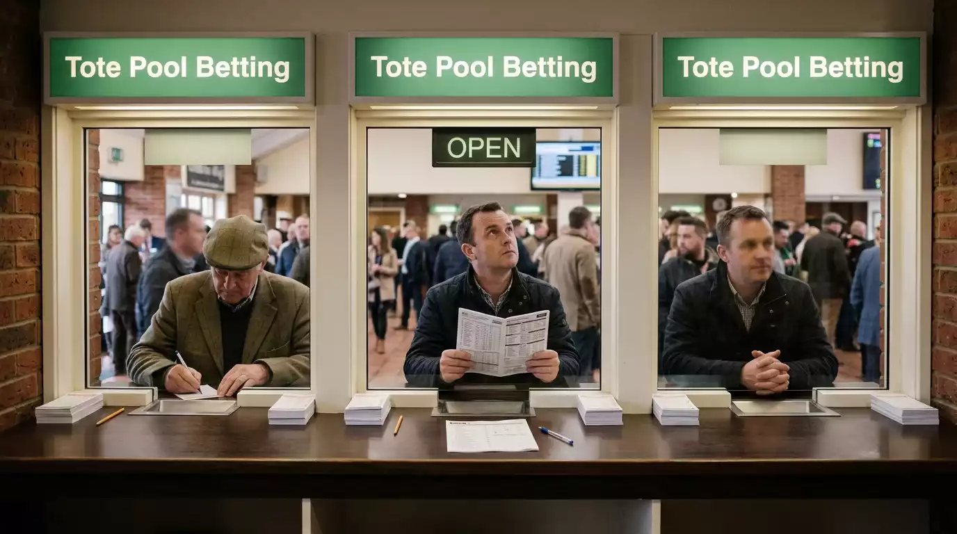 Tote pool betting window at a UK racecourse with punters queuing to place exotic bets