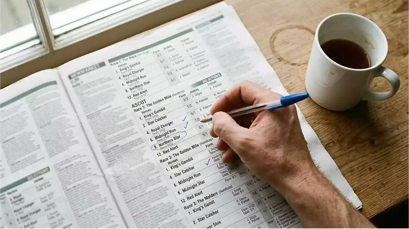 Close-up of a horse racing form guide with a pen marking selections for exotic bets